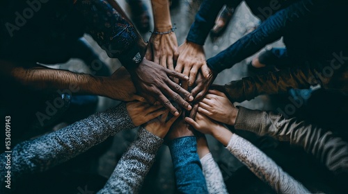 team building circle, hands together from above.
