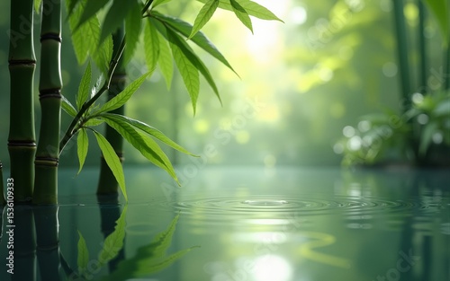 Bamboo leaves reflected in rendered water. High quality