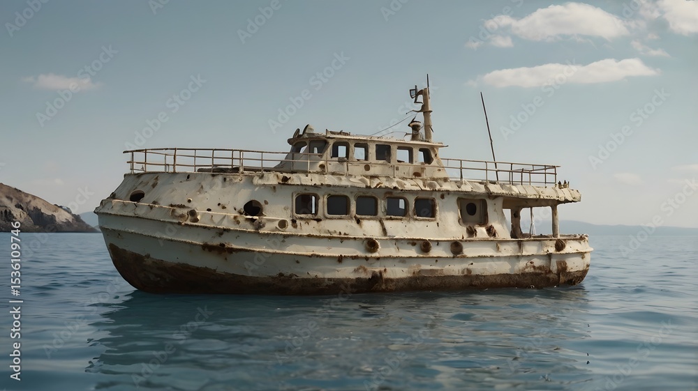 Obraz premium old boat in the sea.Derelict and Rusty: Abandoned Fishing Boat Shipwreck in the Mediterranean Sea
