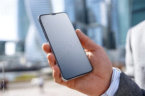 Hand holding a modern smartphone with a blank screen in an urban setting