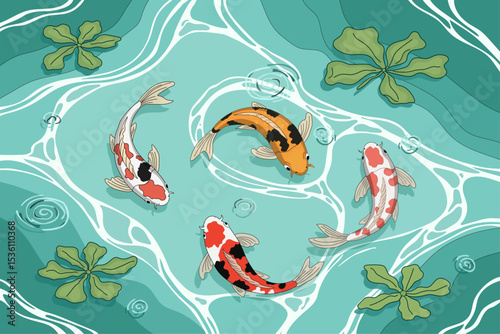 Four carps are swimming in a pond, algae are floating on the surface of the water, the pond is bright blue, the belief in being eloquent, good-natured, and quick-witted in Chinese astrology.