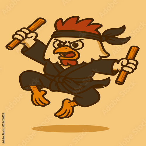 A confident cartoon chicken leaps through the air, gripping two wooden sticks in each wing. Dressed in a black kung fu outfit, it exudes a funky and powerful energy.