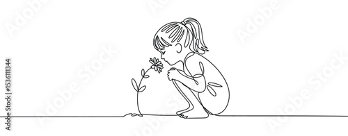 Little Girl Sniffing a Flower Single Line Drawing