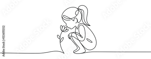 Little Girl Smelling Flower Single Line Drawing