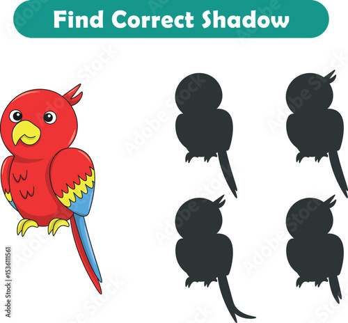 Funny cartoon parrot. find the correct shadow. Kids Education games. Cartoon vector illustration