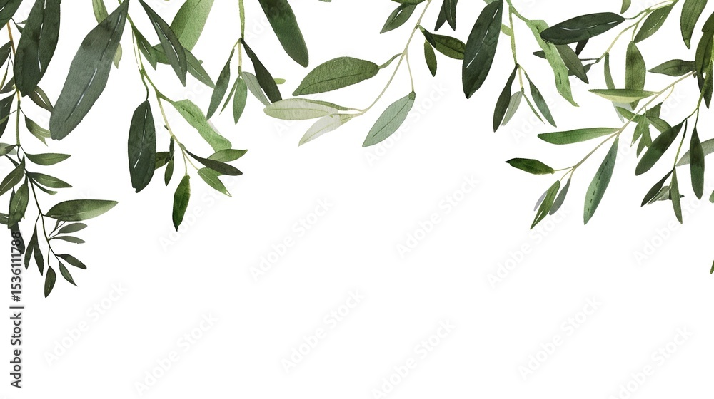 Naklejka premium An olive branch adorned with lush green leaves is beautifully isolated on a clean white background, a symbol of peace and tranquility created by generative AI. The fresh and vibrant leaves enhance the