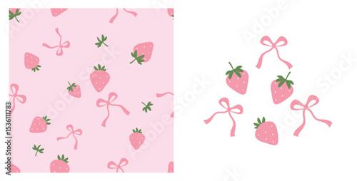 Seamless pattern of strawberry with green leaves and ribbon bows on pink background. Set of strawberry and pink ribbon bows icon signs isolated on white background vector.