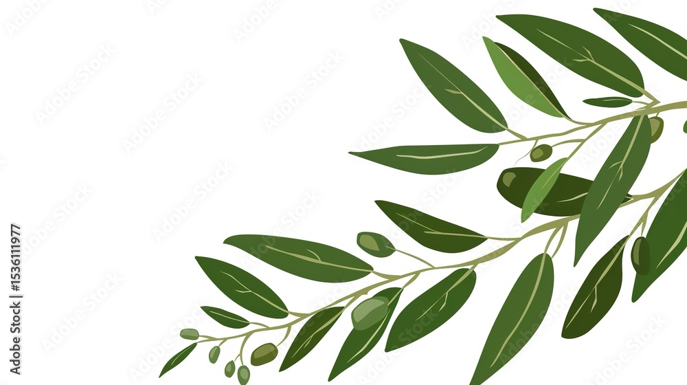 Naklejka premium An olive branch adorned with lush green leaves is beautifully isolated on a clean white background, a symbol of peace and tranquility created by generative AI. The fresh and vibrant leaves enhance the