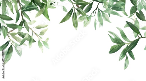 An olive branch adorned with lush green leaves is beautifully isolated on a clean white background, a symbol of peace and tranquility created by generative AI. The fresh and vibrant leaves enhance the