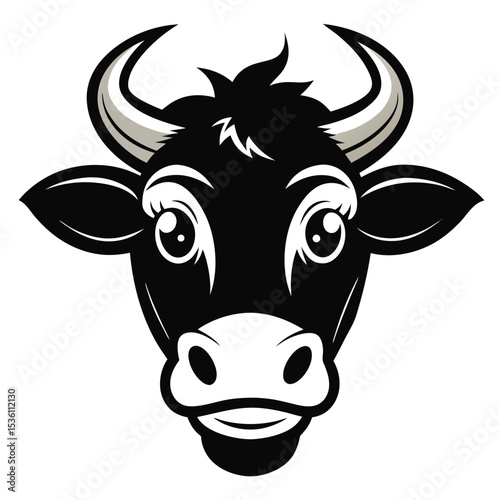 Front facing cartoon Holstein cow head featuring stylized design details and distinctive patterns