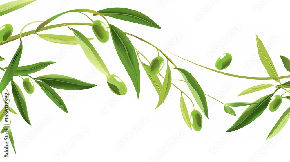 Fototapeta premium An olive branch adorned with lush green leaves is beautifully isolated on a clean white background, a symbol of peace and tranquility created by generative AI. The fresh and vibrant leaves enhance the