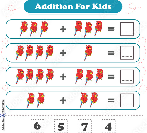 Addition for children. Addition with parrot. Worksheets for children. Vector illustration