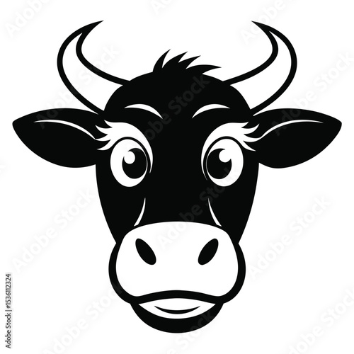 A stylized monochrome cartoon cow face gazes forward with big endearing eyes and small horns