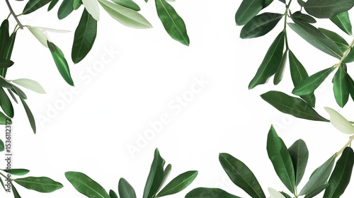 An olive branch adorned with lush green leaves is beautifully isolated on a clean white background, a symbol of peace and tranquility created by generative AI. The fresh and vibrant leaves enhance the