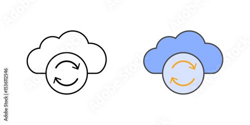 Cloud sync icon with a cloud and two circular arrows in outline and color styles, perfect for cloud data synchronization and file backup design.