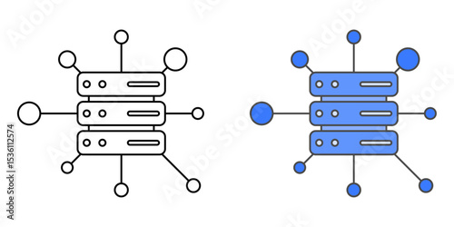Server cluster icon featuring three stacked servers with network lines in outline and color styles, ideal for cloud infrastructure and data center visuals.