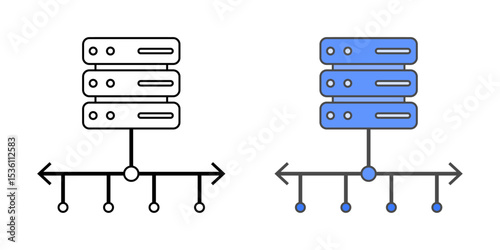 Load balancer icon with a server and split arrows pointing left and right, shown in outline and color styles, ideal for cloud infrastructure and network traffic distribution.