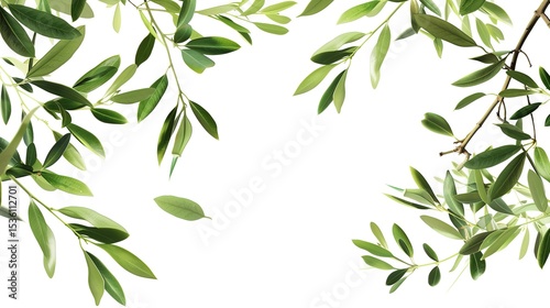 An olive branch adorned with lush green leaves is beautifully isolated on a clean white background, a symbol of peace and tranquility created by generative AI. The fresh and vibrant leaves enhance the