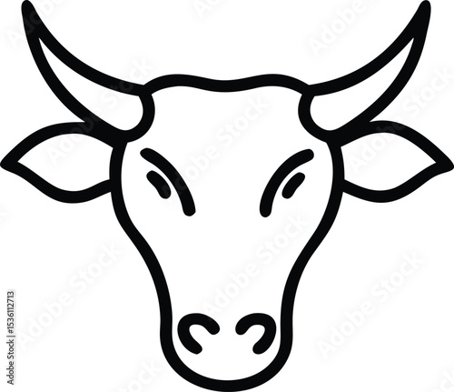 Simple outline of a bull's head with curved horns appears on a white background