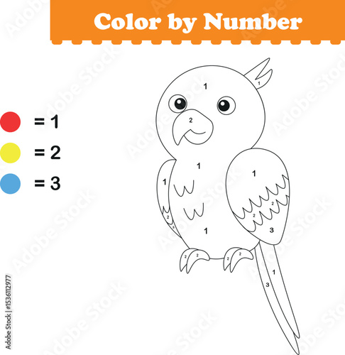 Color by numbers. Coloring page for kids. Coloring with cute parrot. Vector illustration