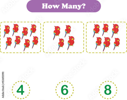 Addition for children. Addition with parrot. Worksheets for children. Vector illustration
