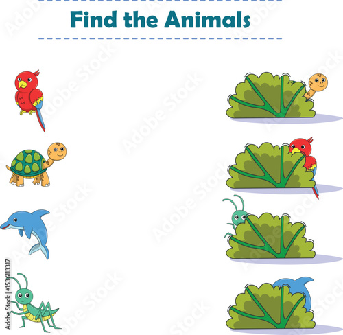 Find Hiding Animals. Child Exercise Sheet with wild animals. Printable worksheet. Cartoon vector illustration