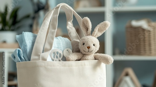 Baby essentials in a tote bag; soft bunny, blankets, and teether.