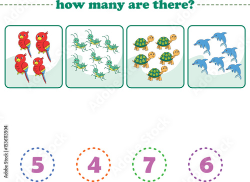 Counting game of wild animals for preschool kids. Printable. Vector Illustration