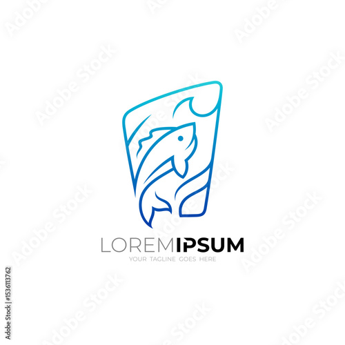 logo of fish jumping in sea water, line style design, fish and wave