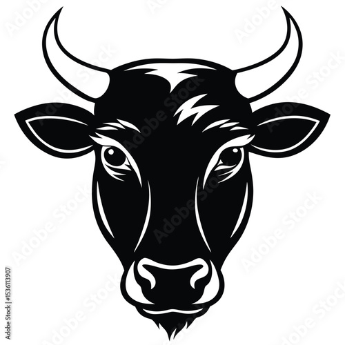 Black bull's face stares forward with prominent horns and ears on the white background