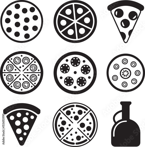 Pizza slice silhouettes icons vector set. Black silhouettes of Pizza slice. Delicious pizza slice silhouettes vector. Stylized pizza slices vector illustrations