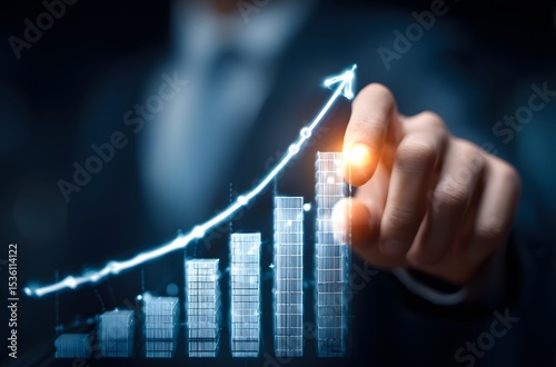Businessman pointing at an upward-trending bar graph with a glowing arrow, symbolizing growth and success.
