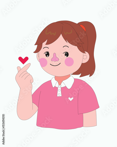 Smiling cartoon girl with ponytail and pink shirt making finger heart sign with red heart. Perfect for love, kindness, or emotion themed projects. Flat, pastel color illustration.