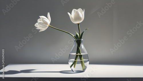 Two white tulips in a glass vase casting a soft shadow on a white surface. Calm, minimalistic composition symbolizing purity, peace, and gentle elegance.