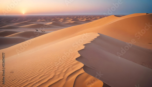 A serene desert landscape with rolling sand dunes at sunset, symbolizing tranquility and vastness.