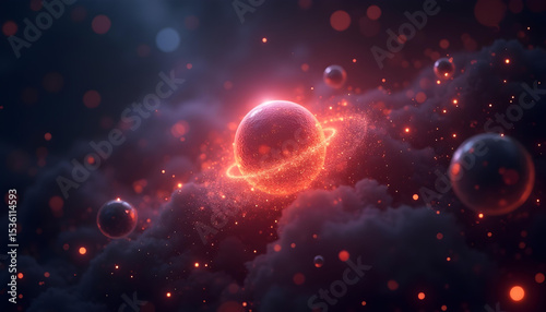A glowing red planet with a ring, surrounded by smaller spheres in a cosmic cloud, symbolizing exploration and celestial beauty.