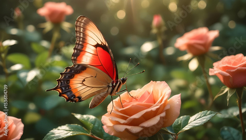 Vibrant orange-red butterfly rests on a peach rose, bathed in warm sunlight against soft green. A serene nature scene symbolizing beauty, growth, and spring's delicate harmony.