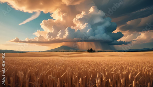 Golden wheat field under a dramatic sky with a storm cloud and distant mountain. An epic landscape symbolizing harvest, nature's power, and the vastness of the natural world.
