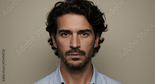 Portrait of a man with dark curly hair and a serious expression. He is wearing a light blue shirt against a neutral beige background.