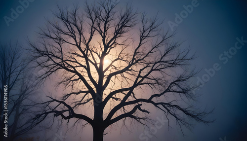 Dramatic silhouette of a large, old, bare tree against a glowing, misty sunset or sunrise sky. A timeless scene symbolizing resilience, solitude, or life's cycles.