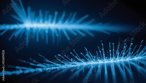 Abstract blue-white glowing lines undulate against a dark background, resembling data streams or fiber optics. A dynamic representation of technology, connectivity, energy flow, or the digital world.