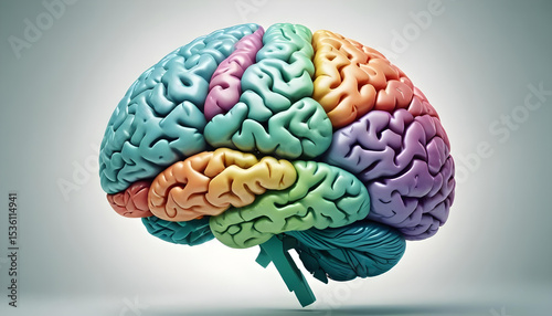 A vividly colored human brain model with distinct segments representing different functional areas. A modern visual aid for neuroscience, psychology, learning, or cognitive development.