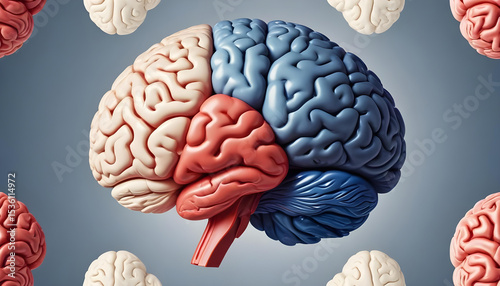 Detailed brain model, color-coded by hemispheres and lobes. Scientific visual symbolizing cognitive functions, mental health, or mind's complexity.