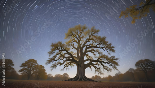 Ancient tree under a night sky with star trails. Landscape symbolizing connection with the cosmos.