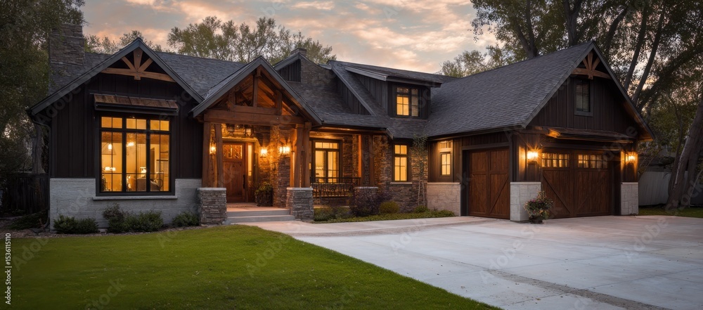 Naklejka premium Inviting Craftsman Home Exterior at Dusk, Showcasing Architectural Design and Family Comfort, Ideal for Real Estate Marketing and Home Improvement : Generative AI