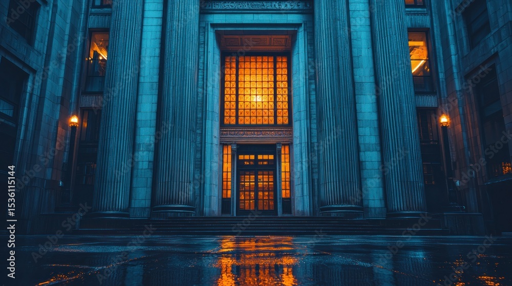 Fototapeta premium Grand, imposing building entrance at night