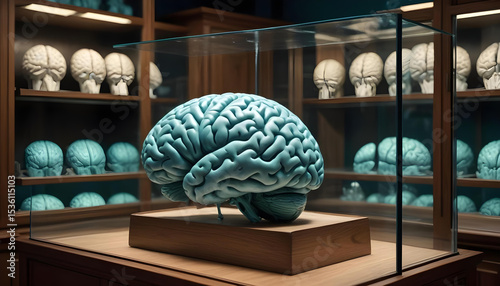 A detailed model of a large brain, possibly a whale's, displayed in a glass case. Surrounded by other brain models on shelves.