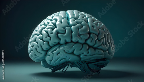 A detailed 3D model of a human brain, presented on a dark, minimalistic background. Represents neuroscience and cognitive study.
