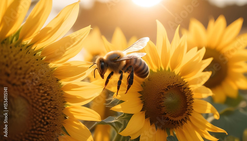 A honey bee gracefully hovers near bright sunflowers, illuminated by soft sunlight. Symbolizes pollination and nature.