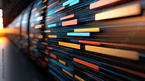 Abstract digital data visualization with colorful horizontal bars in motion, representing technology and information flow.